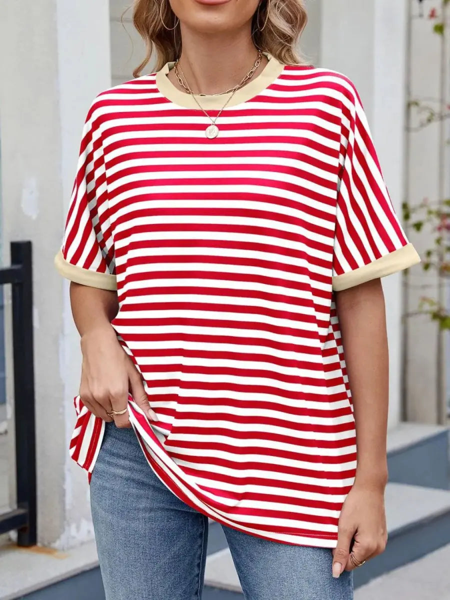 Stylish Striped Round Neck Half Sleeve T-Shirt for Women - Love Salve